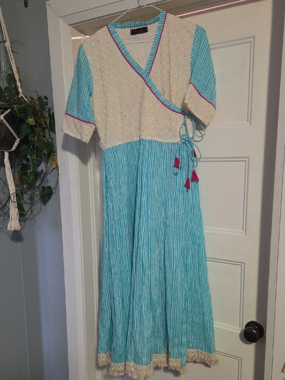 Turquoise & Cream Wrap Maxi Dress with Pink Tassel Accents